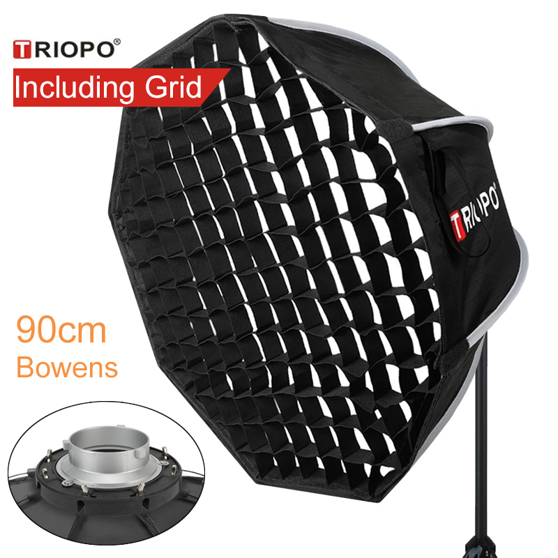 Photography Lighting And Background - Triopo 90cm写真撮影用ポータブルボーエンズマウントソフトボックス（ハニカムグリッド付き）K90八角形アンブレラ屋外ソフトボックス（Godox、Jinbeiストロボ用）