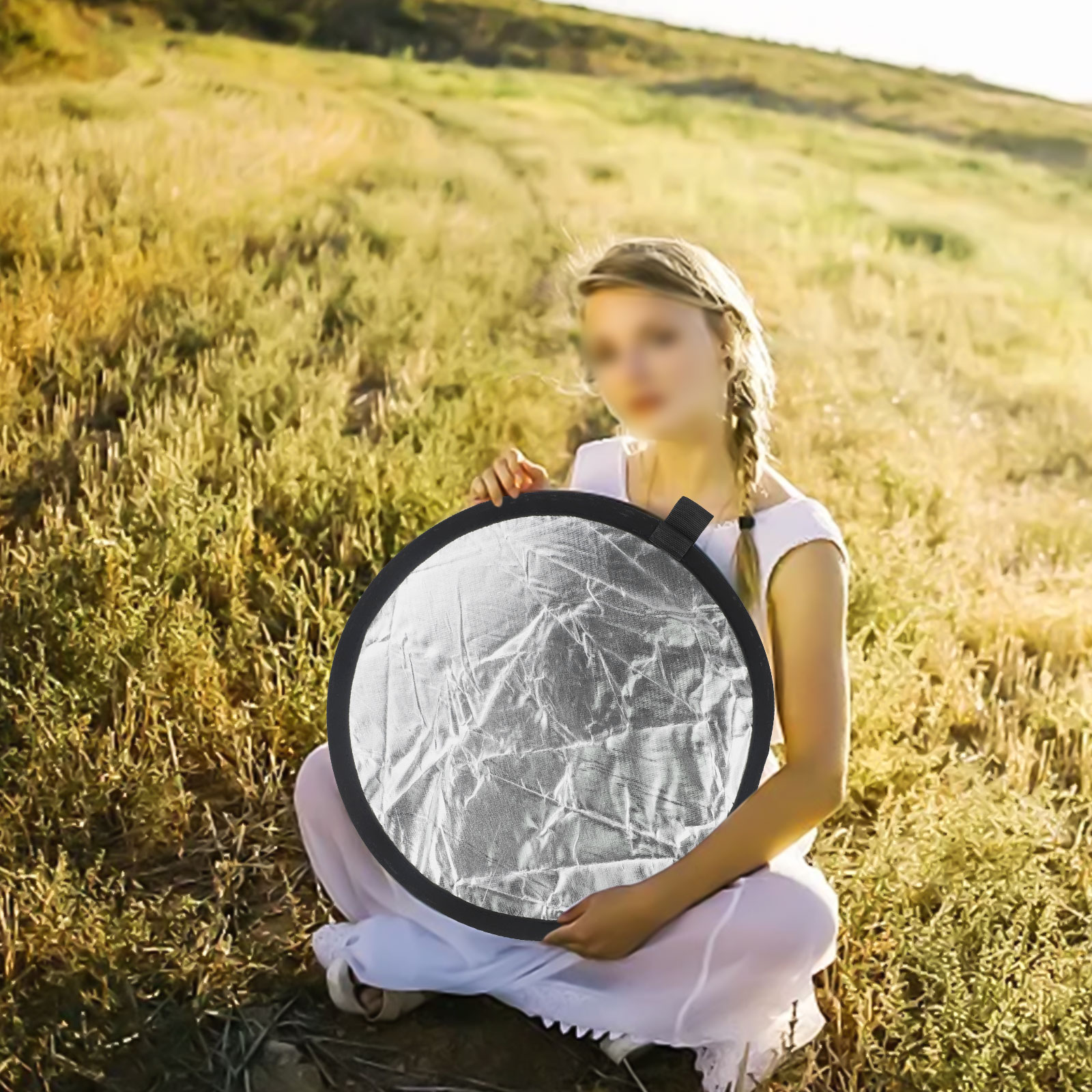 Reflector Disc Silver - 5-in-1ハンドヘルド写真撮影用リフレクター、ゴールド、シルバー、ホワイト、ブラック、半透明ディスク付き、スタジオ、ライブストリーミング、ポータブルライト用