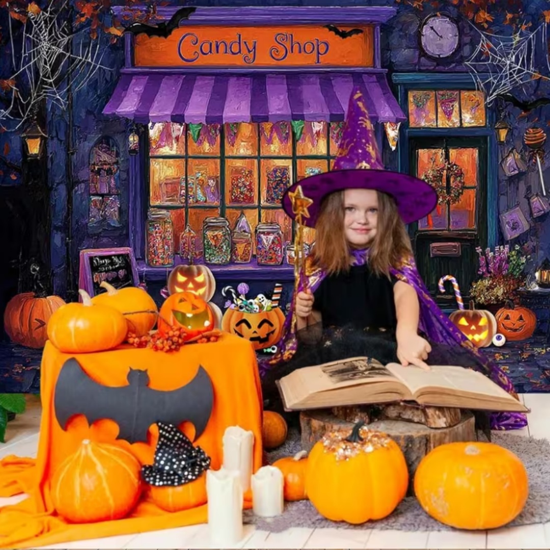 パープルハロウィンショップテーマパーティーデコレーション背景 - Photography Lighting And Background のレビューと価格