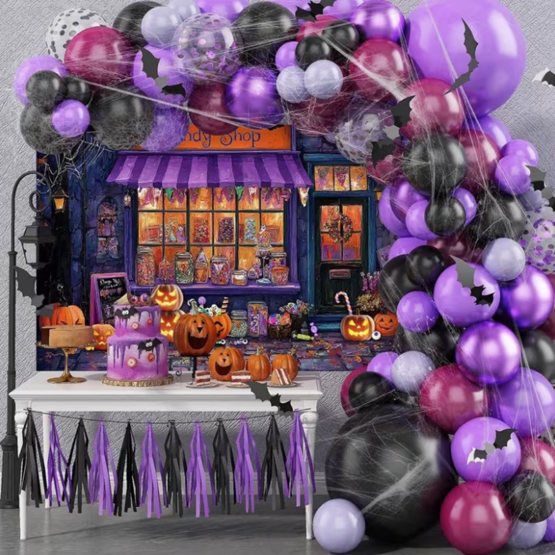 パープルハロウィンショップテーマパーティーデコレーション背景 - Photography Lighting And Background のレビューと価格